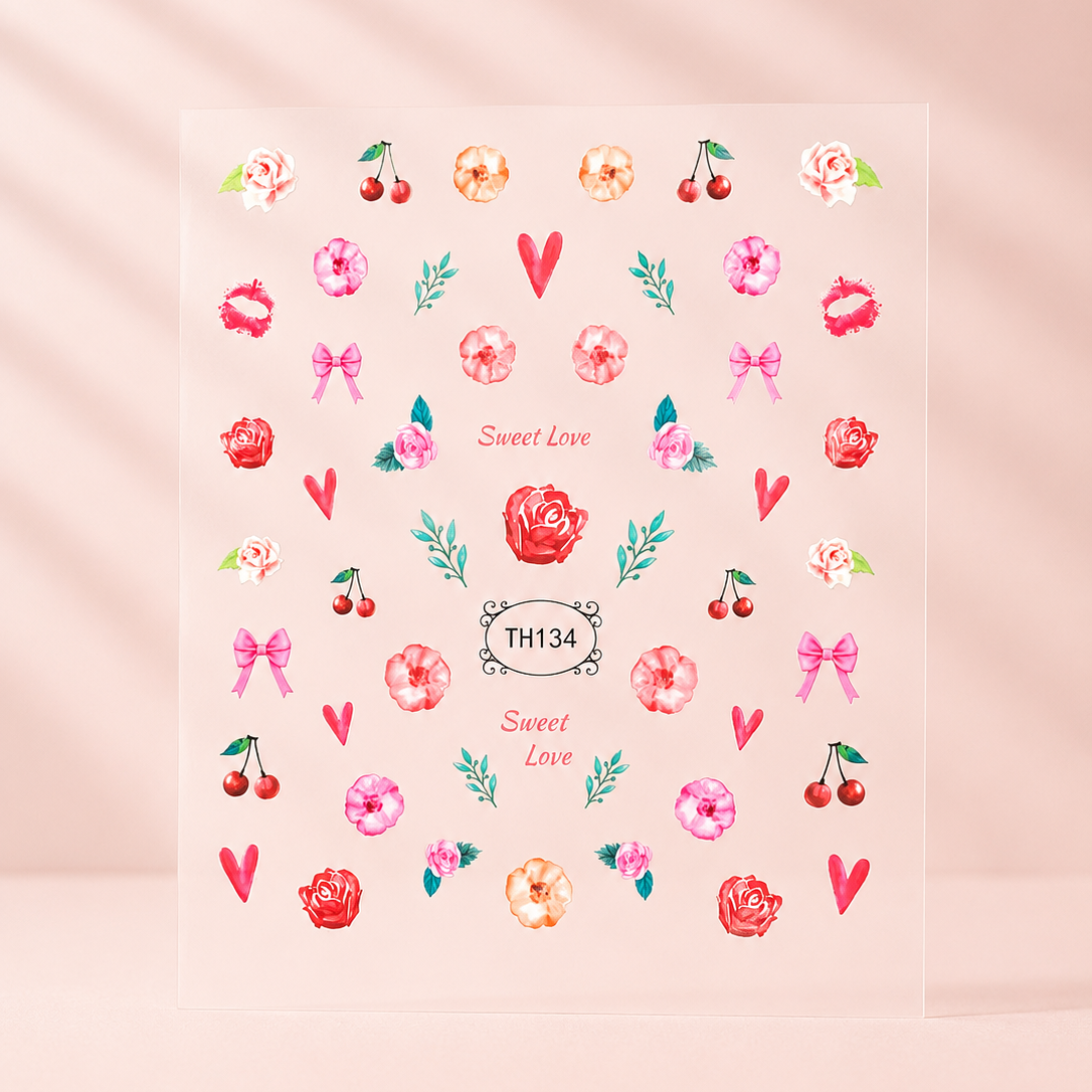 Nail Art nagelstickers met verschillende nail arts: hartjes, bladen, kusjes, rozen, kersen