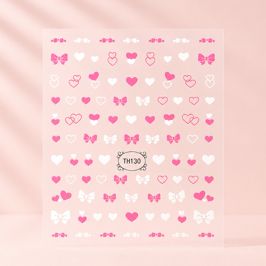 Nail art stickervel met roze en witte hartjes en strikjes (bows)