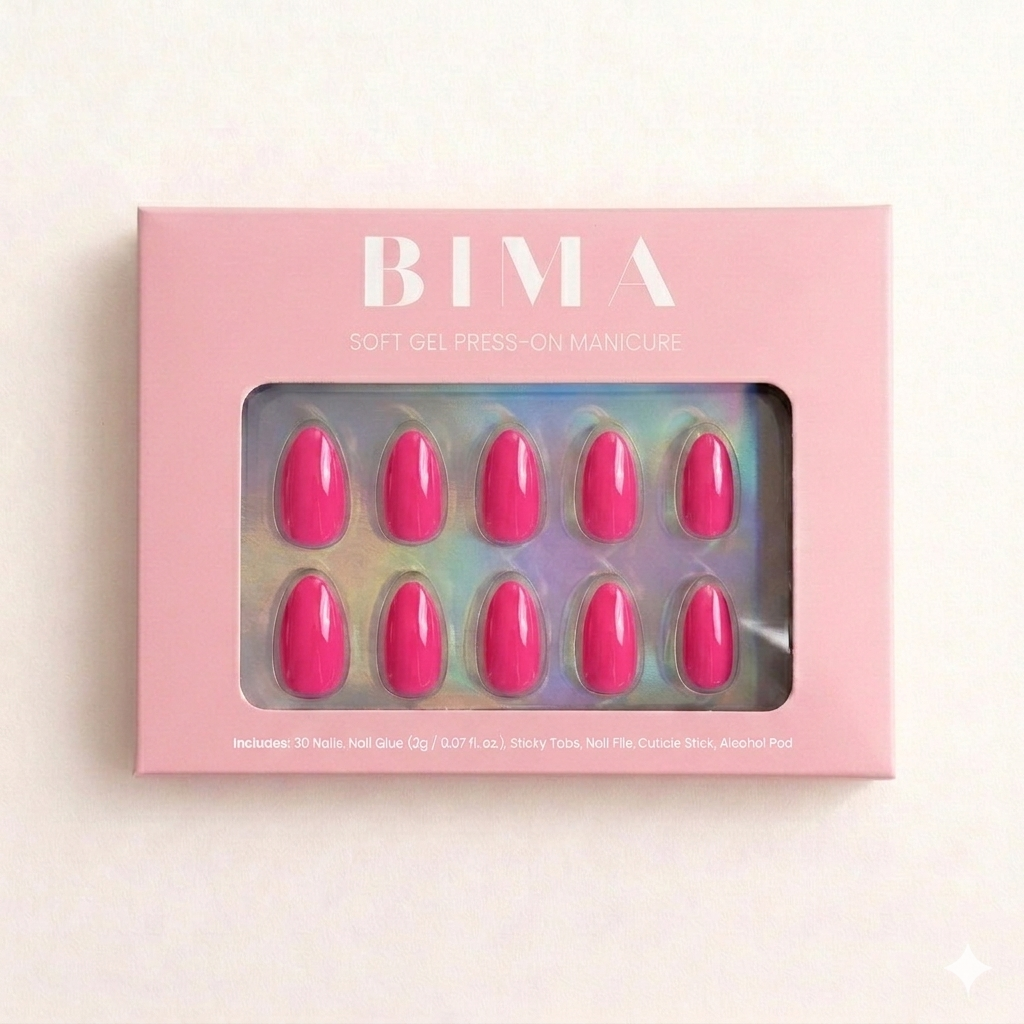 Knal roze ovale plaknagels. De press-ons zie je in de verpakking, totaal 30 nagels