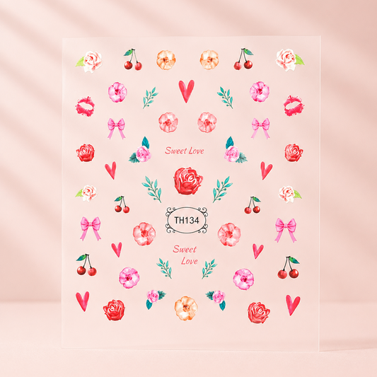 Nail Art nagelstickers met verschillende nail arts: hartjes, bladen, kusjes, rozen, kersen